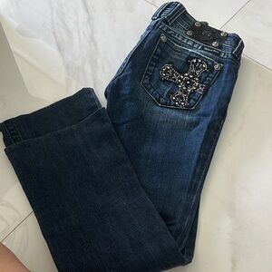 Miss Me Dark Blue Boot Cut Jeans with Embellished Cross